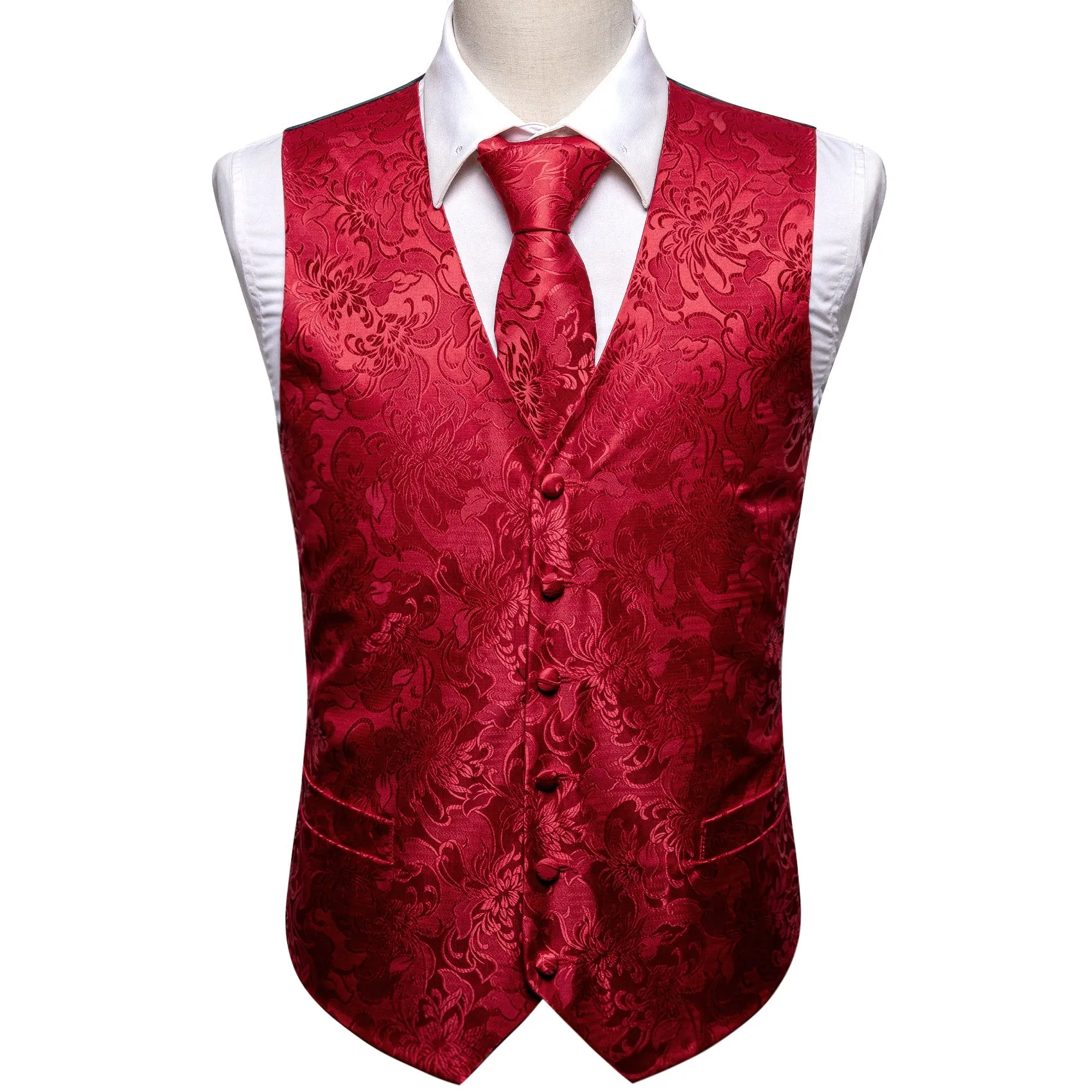 Class Red Floral Jacquard Silk Men's Vest Hanky Cufflinks Tie Set