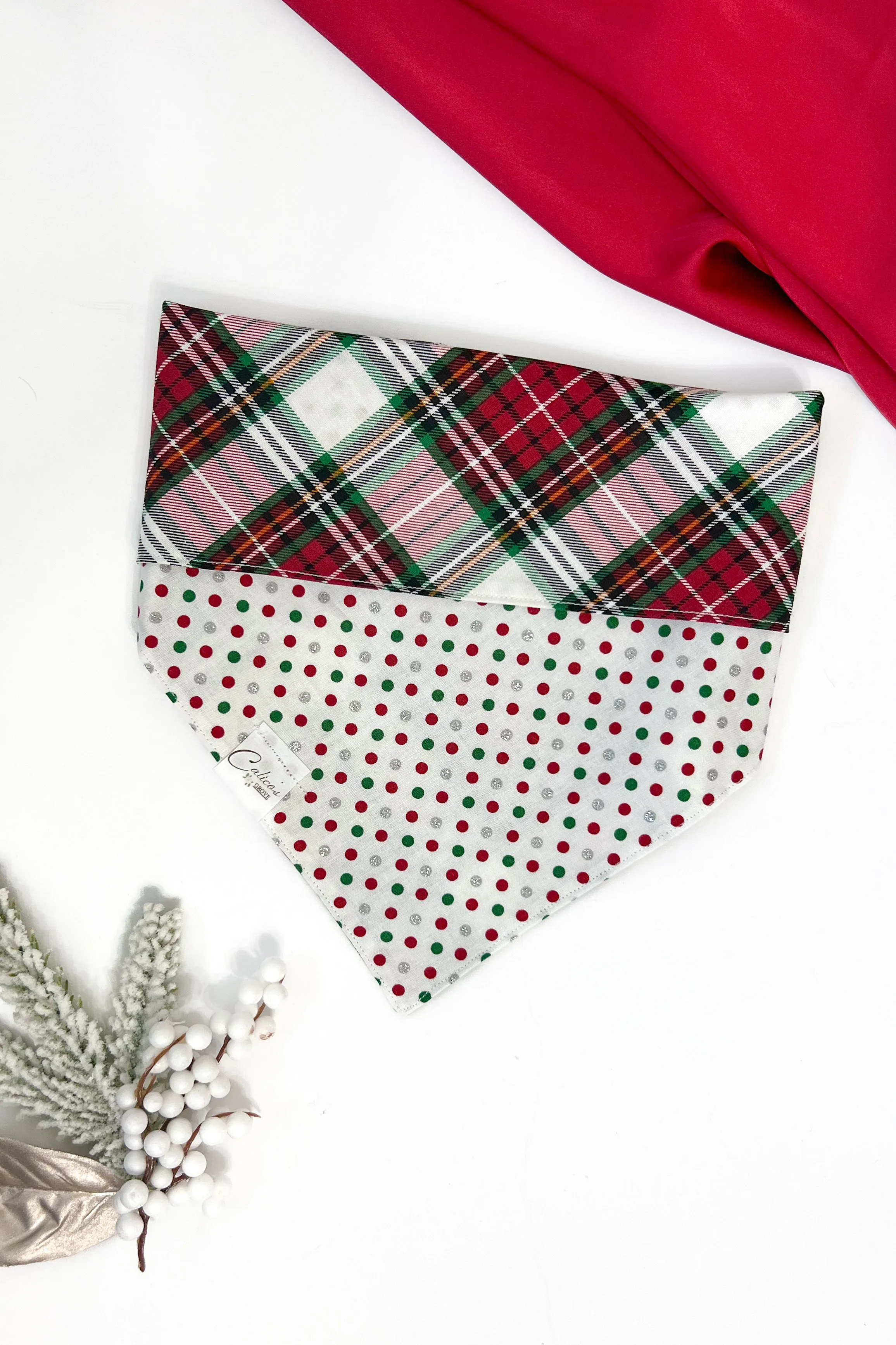 Classic Christmas Plaid And Dots Reversible Bandana