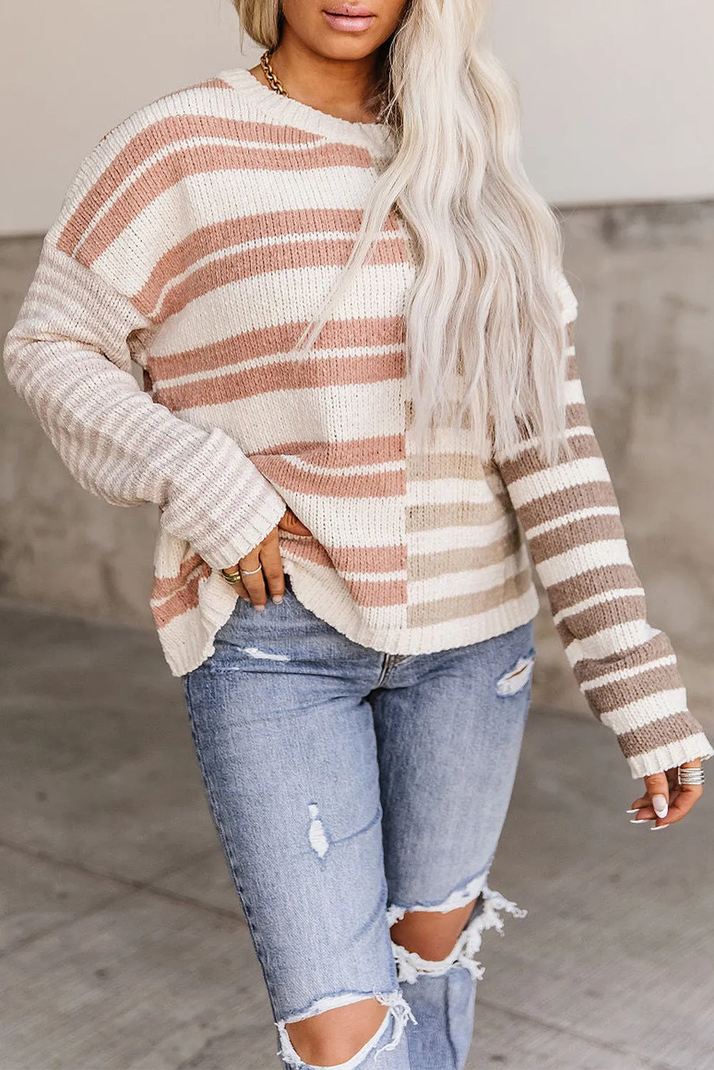 Color Block Drop Shoulder Pullover Striped Sweater