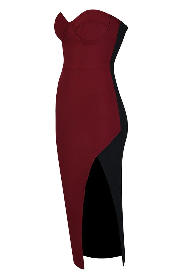 Colorblock Strapless Slit Bandage Prom Dress