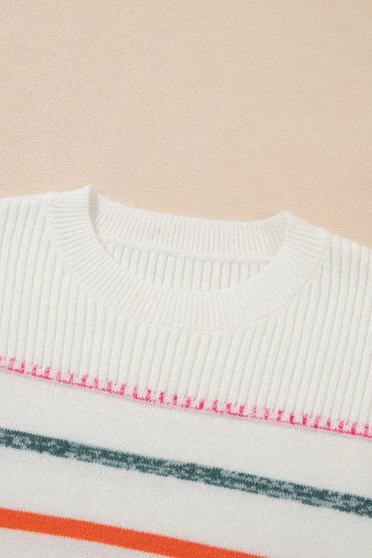 Colorful Striped Ribbed Trim Round Neck Sweater