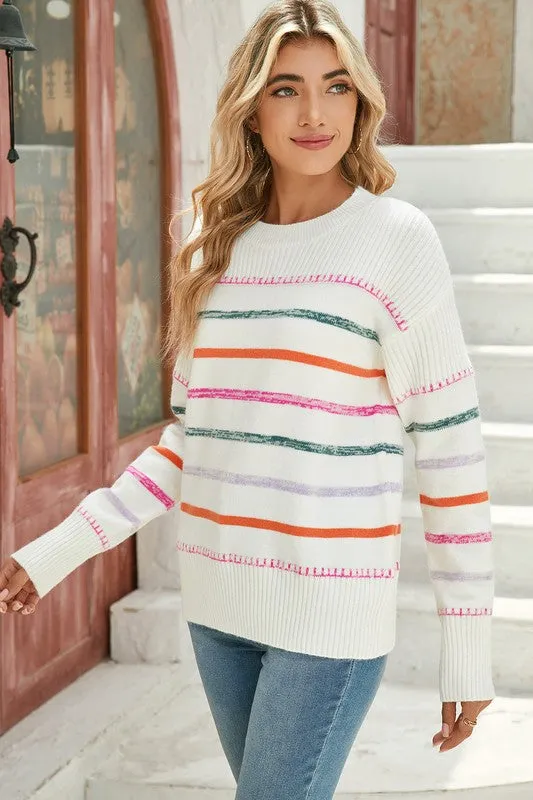 Colorful Striped Ribbed Trim Round Neck Sweater