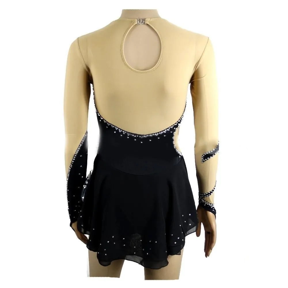 Competition Figure Skating Dress Black with Crystals and Long Sleeves