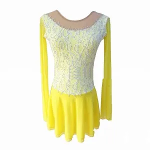 Competition Figure Skating Dress Yellow Lace Line with Crystals