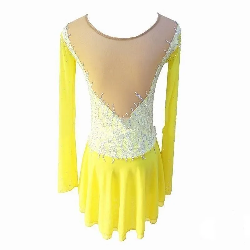 Competition Figure Skating Dress Yellow Lace Line with Crystals