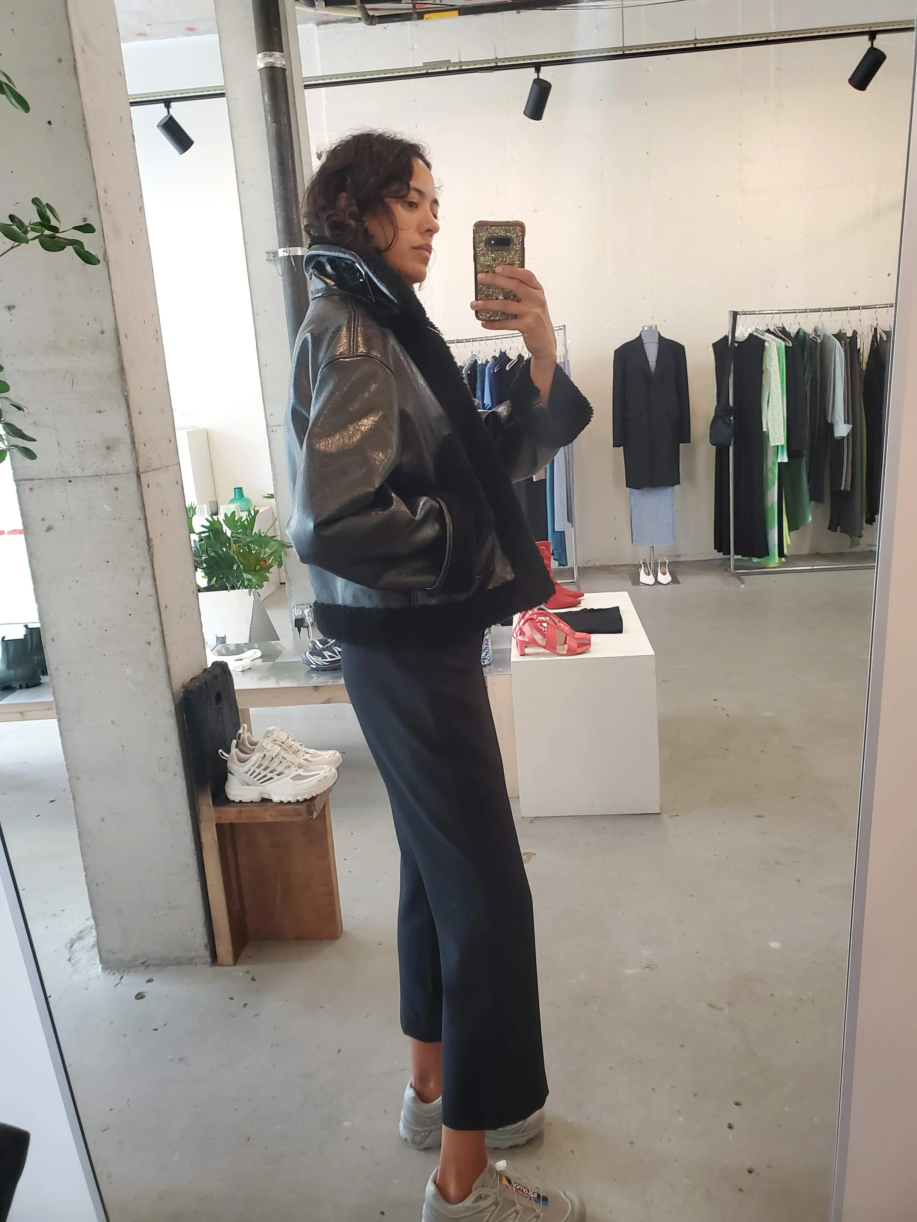 Cropped Faux Patent Aviator Jacket - Black / black