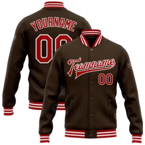 Custom Brown Red-White Bomber Full-Snap Varsity Letterman Jacket