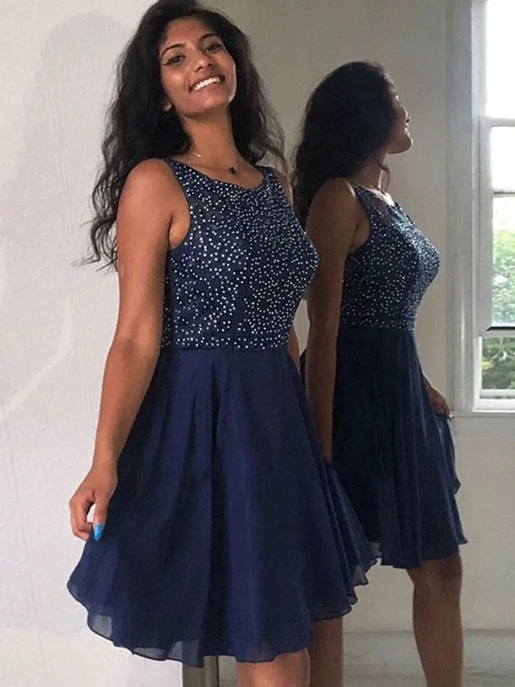 Cute A Line Round Neck Beaded Navy Blue Short Prom Homecoming, Navy Blue Formal, Graduation