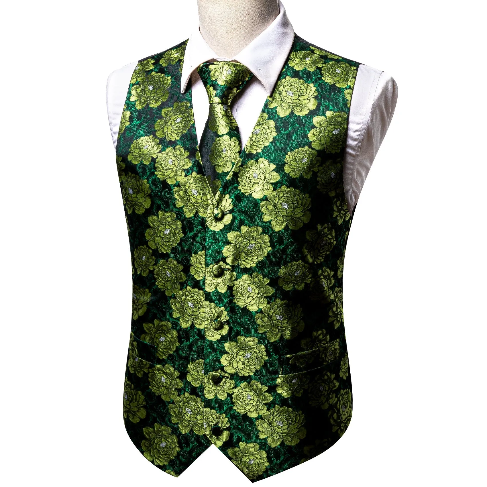 Dark Green Yellow Floral Jacquard Silk Men's Vest Hanky Cufflinks Tie Set