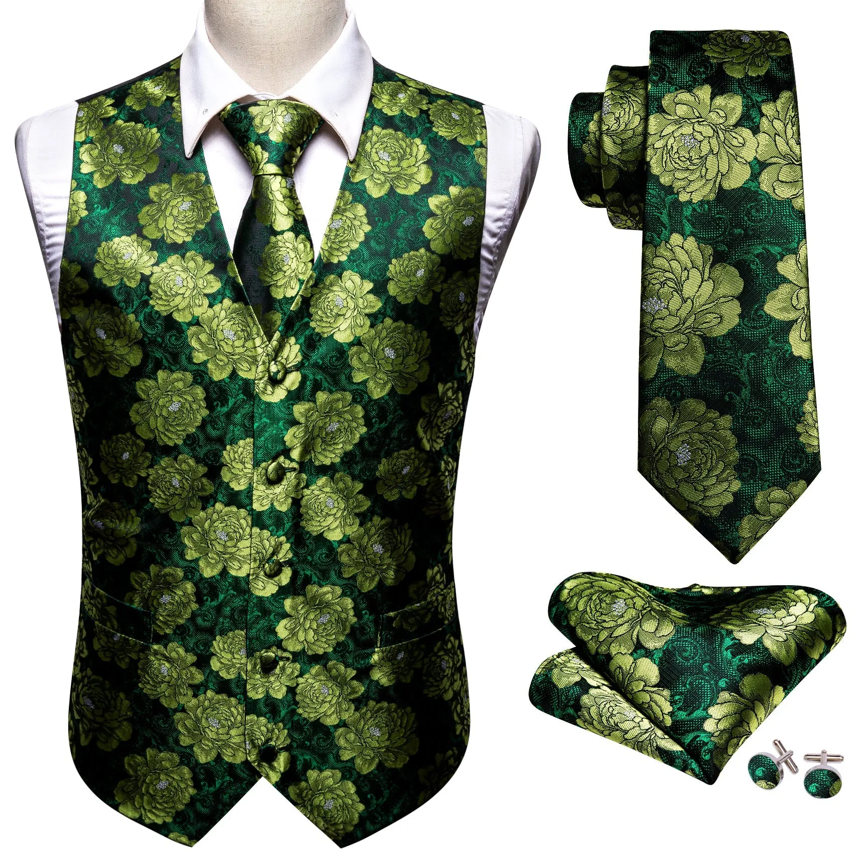 Dark Green Yellow Floral Jacquard Silk Men's Vest Hanky Cufflinks Tie Set