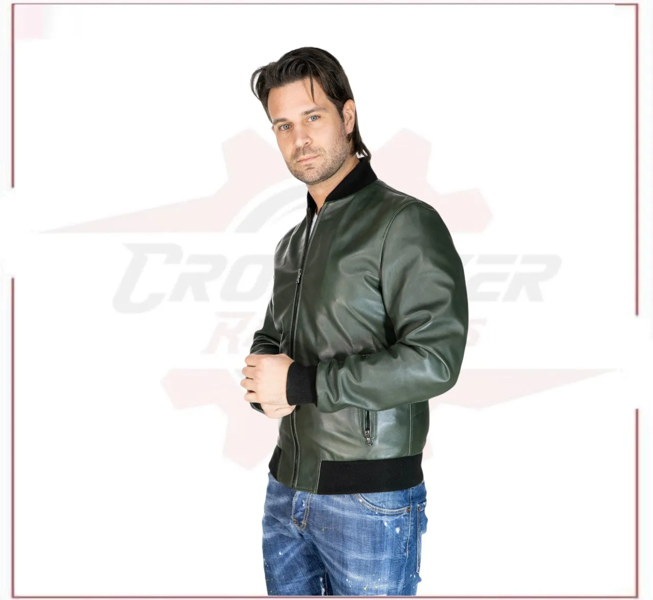 David - Men's Bomber Jacket in Green Genuine Leather