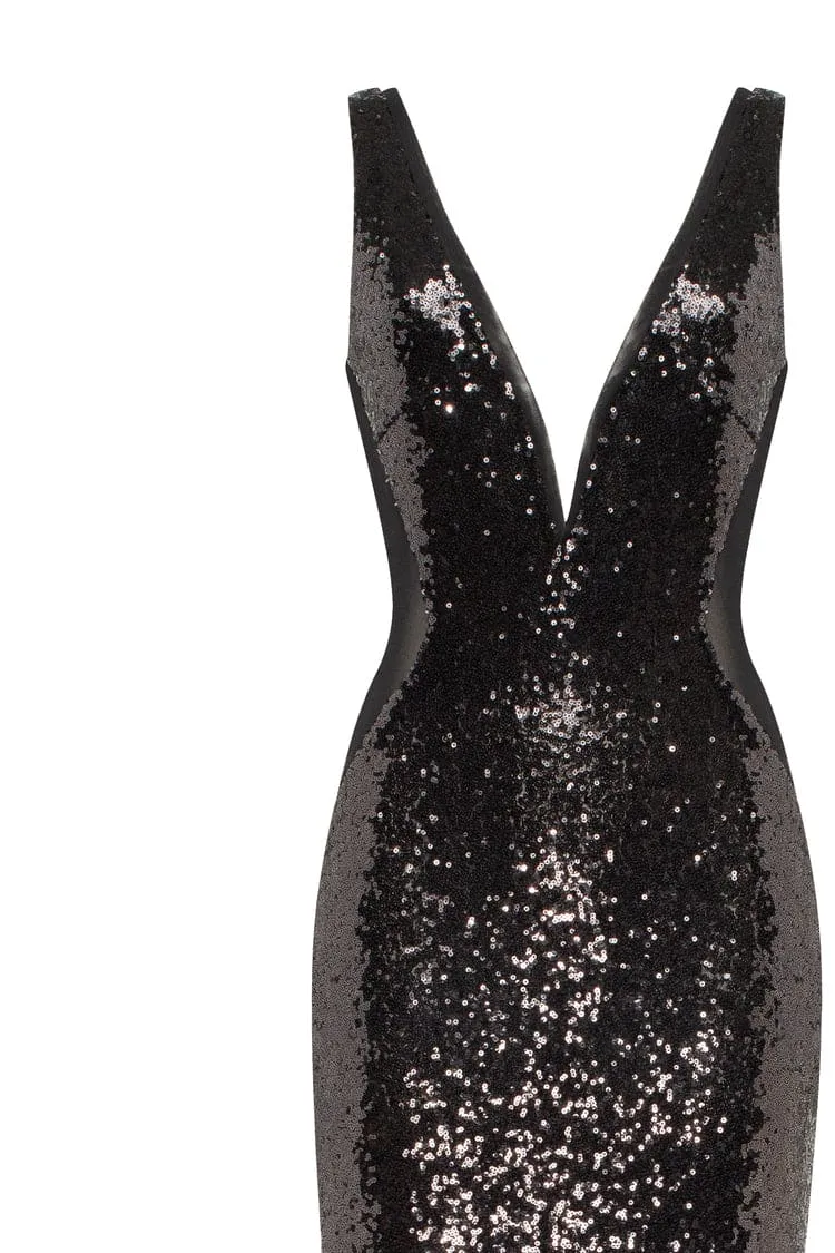 Dazzling fully sequined black maxi dress, Smoky Quartz