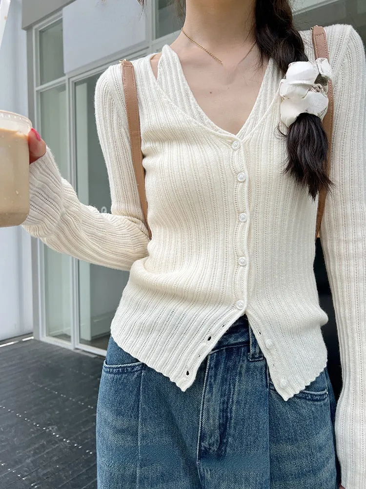 deanwangkt  Autumn V-Neck Knitted Cardigan Women Pure Color Casual Long Sleeve Slim Sweater Office Lady Y2k Crop Tops Female Korean