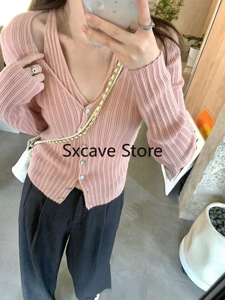 deanwangkt  Autumn V-Neck Knitted Cardigan Women Pure Color Casual Long Sleeve Slim Sweater Office Lady Y2k Crop Tops Female Korean