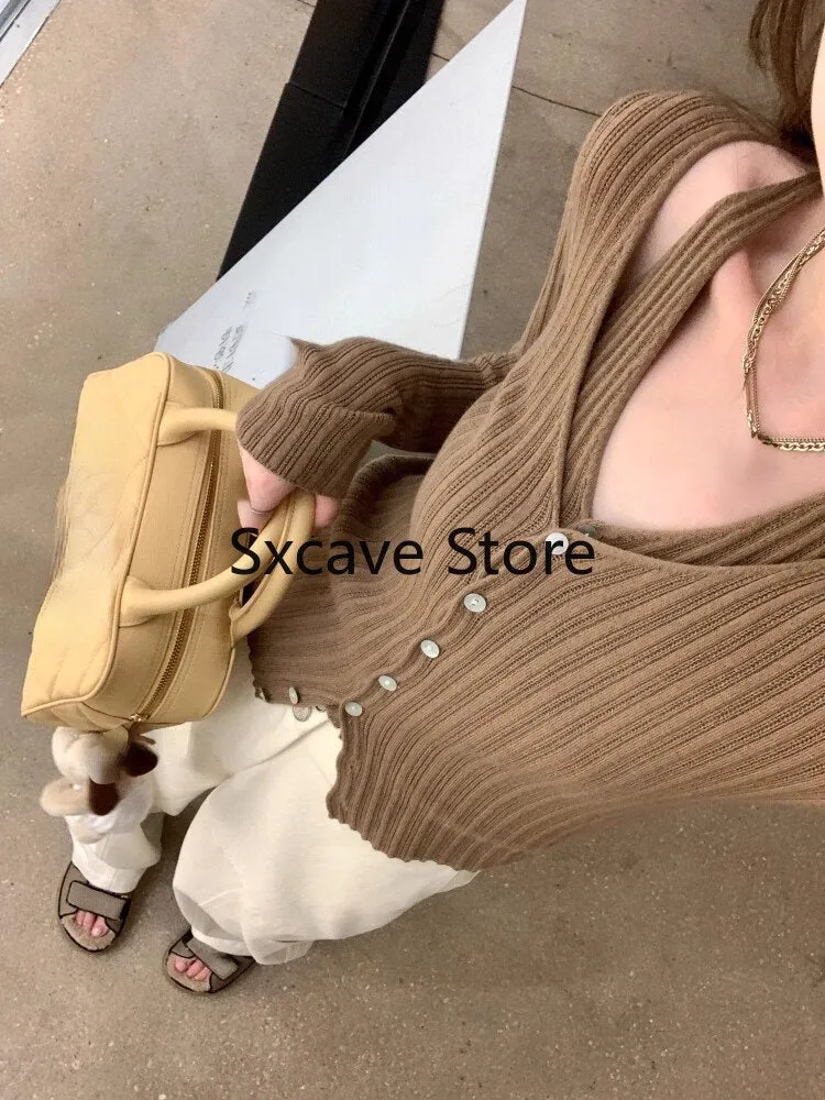 deanwangkt  Autumn V-Neck Knitted Cardigan Women Pure Color Casual Long Sleeve Slim Sweater Office Lady Y2k Crop Tops Female Korean