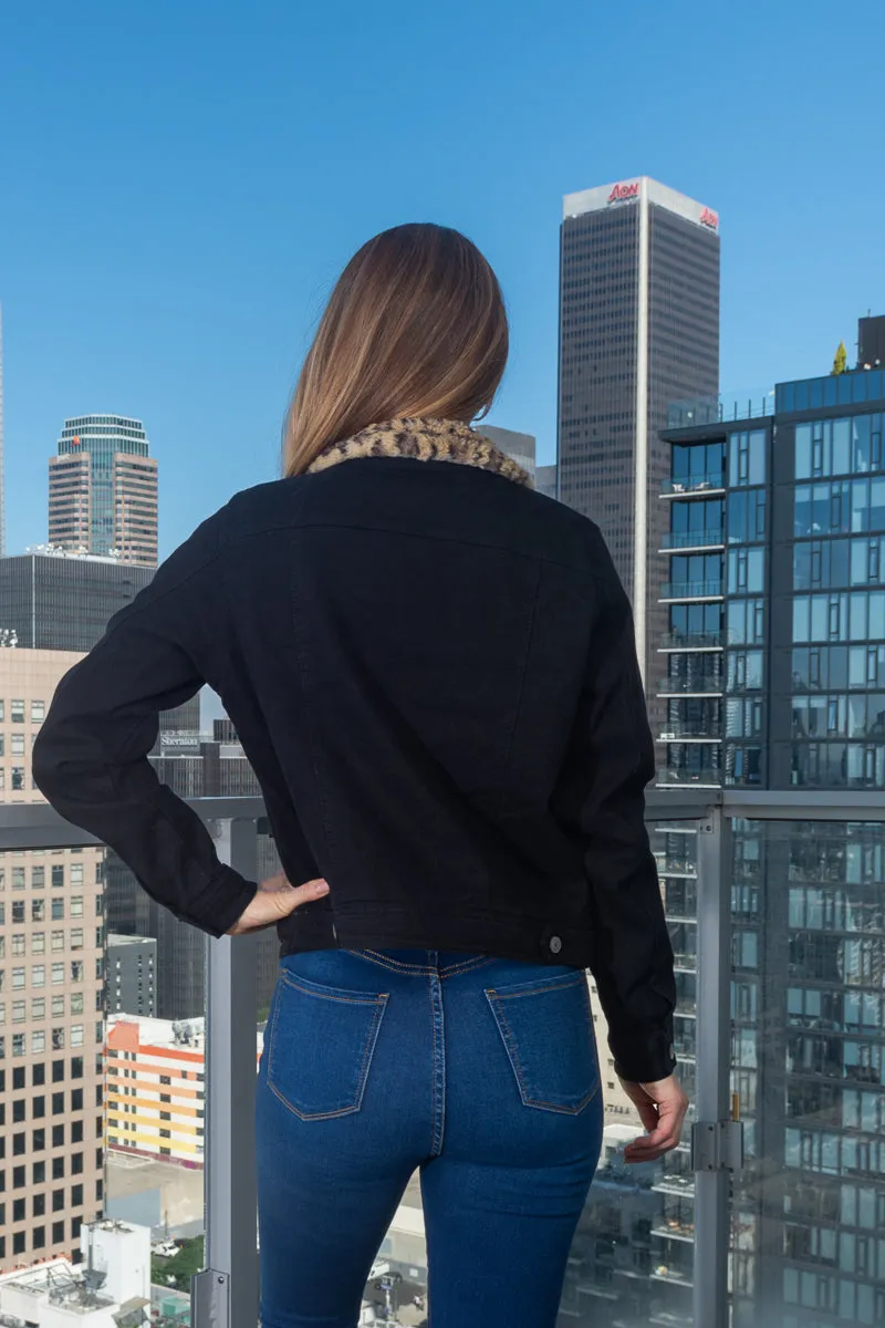 Denim Jacket With Animal Print Fur Lining and Collar W/Button Closure and 4 Front Pockets In Black(Y806-J)