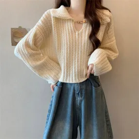 Doll collar white short sweater women's autumn and winter design sense with v-neck Yiwu small knitted sweater top