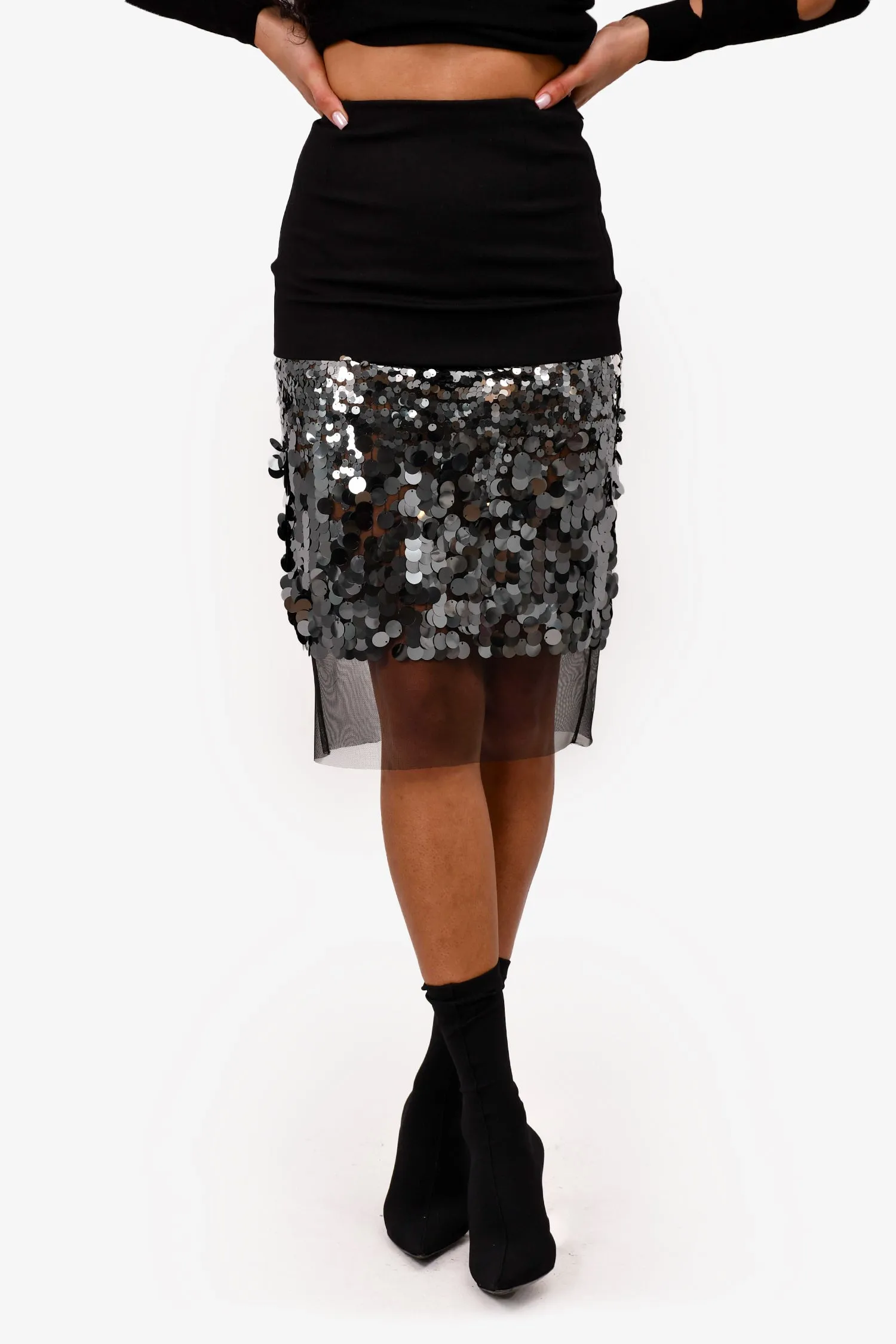 Dorothee Schumacher Black Layered/ Green Sequin/Tulle Midi Skirt Size 1