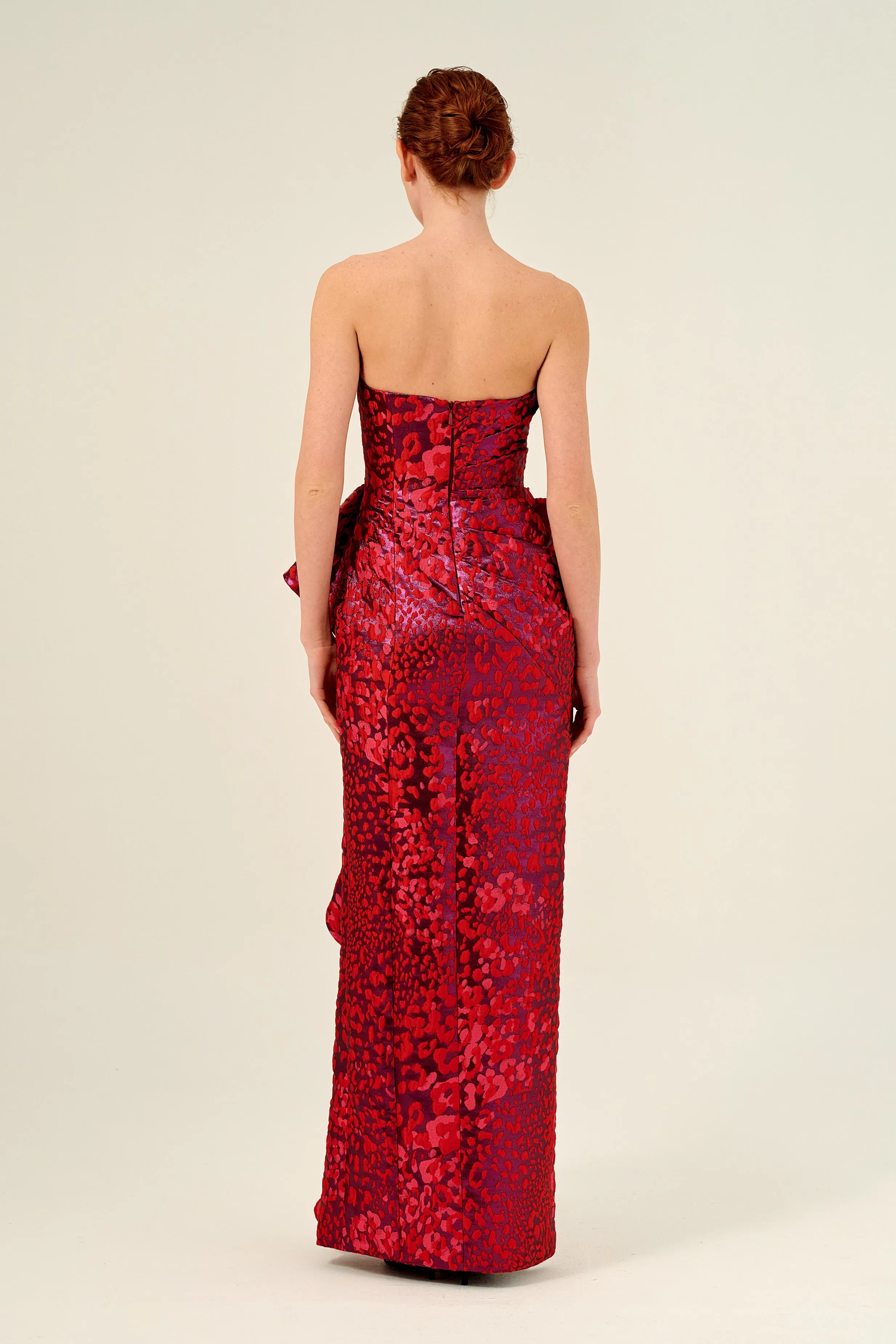 Draped Bodice Ruffled Printed Jacquard Long Gown