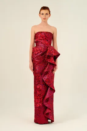 Draped Bodice Ruffled Printed Jacquard Long Gown