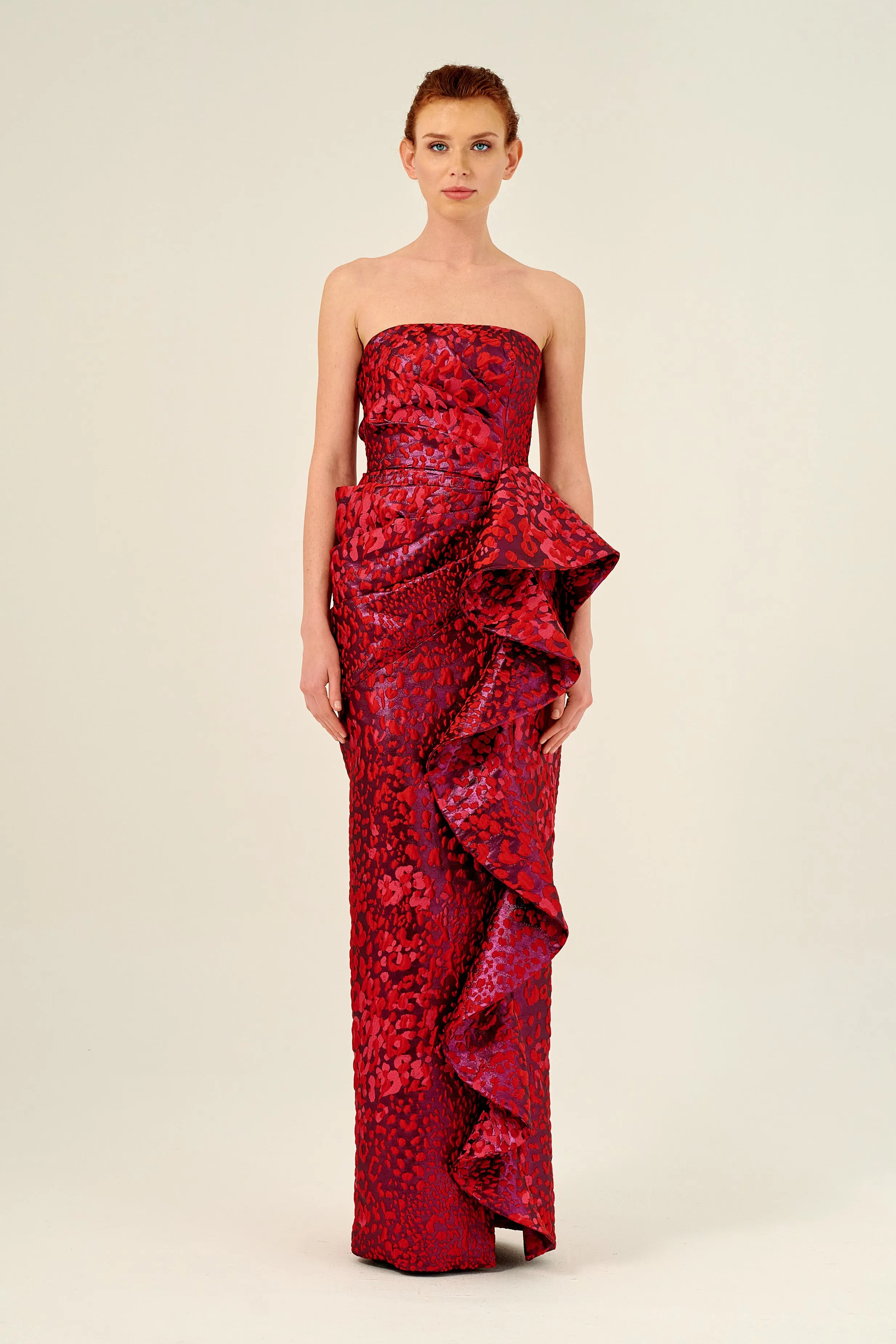 Draped Bodice Ruffled Printed Jacquard Long Gown