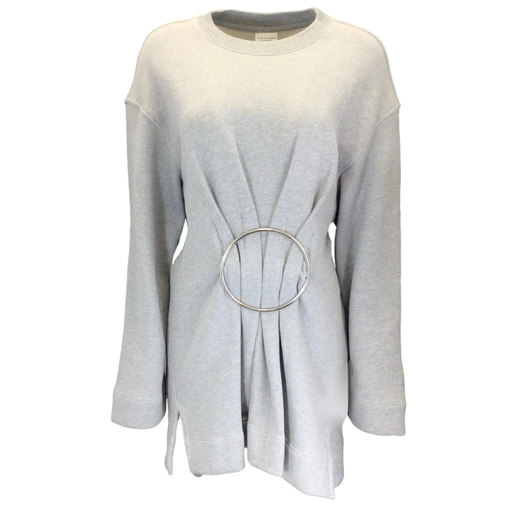 Dries Van Noten Grey / Silver Ring Detail Long Sleeved Cotton Sweatshirt Dress