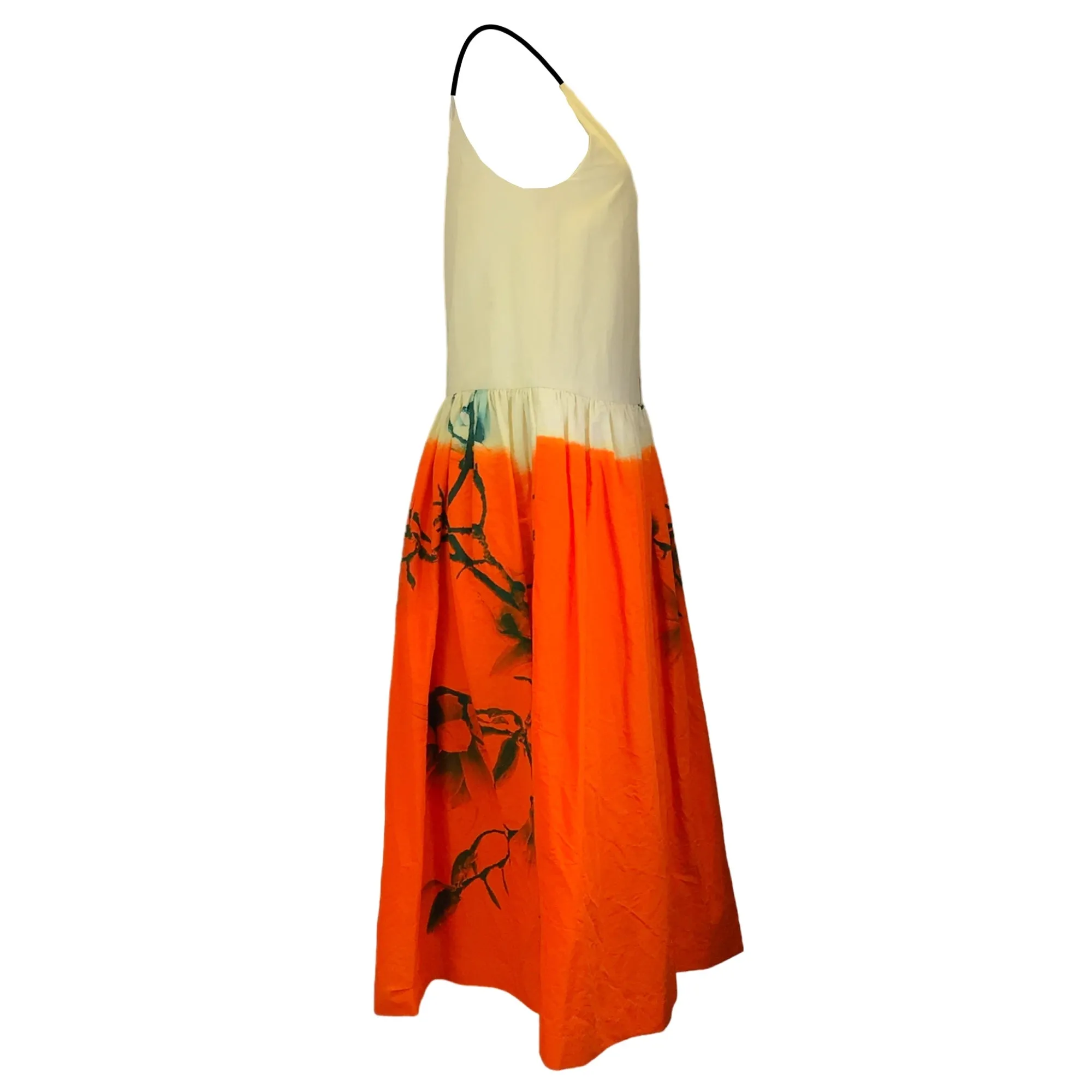 Dries Van Noten Ivory / Orange Multi Printed Sleeveless V-Neck Cotton and Linen Dress