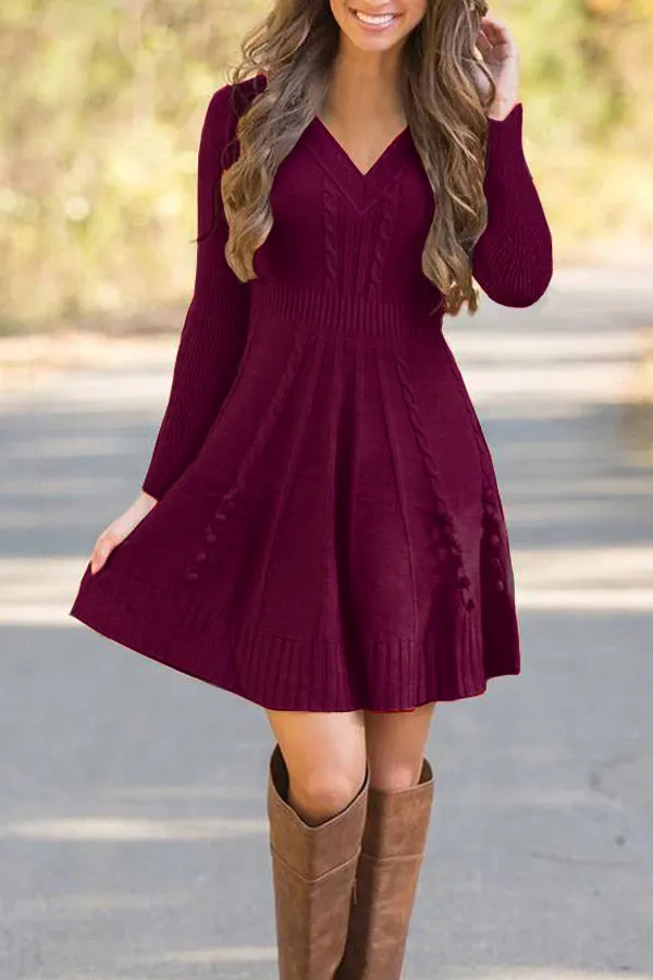 Dunnmall Loose Solid Color Deep V Knitted Dress