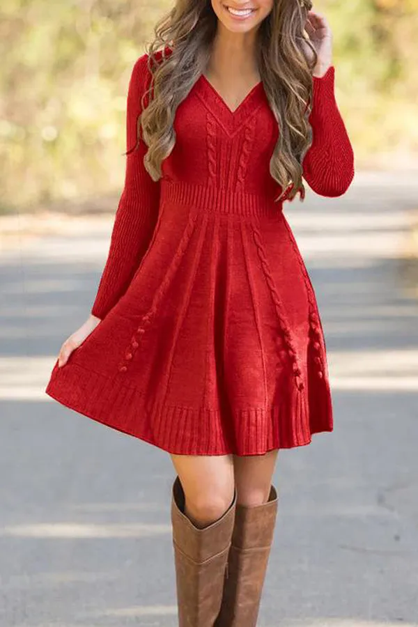 Dunnmall Loose Solid Color Deep V Knitted Dress