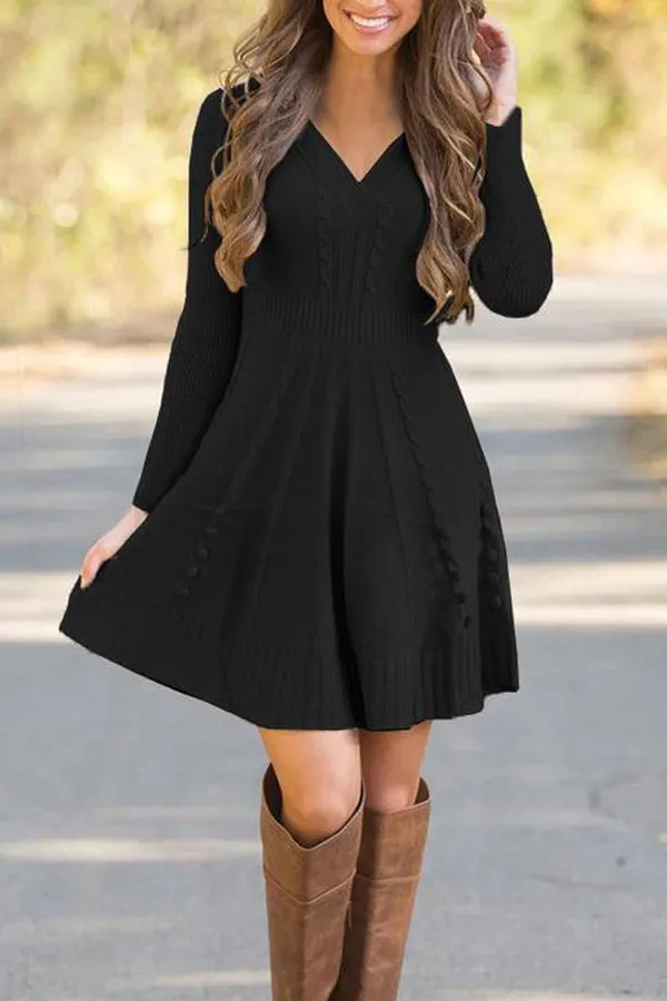 Dunnmall Loose Solid Color Deep V Knitted Dress