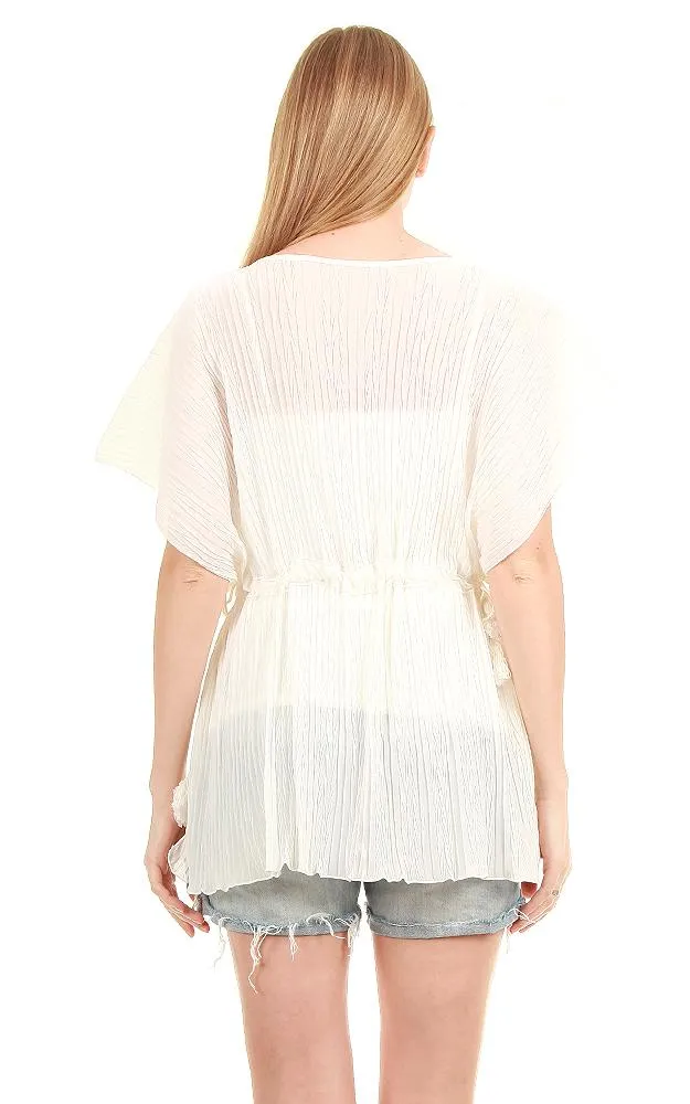 EAP8751 Pleated Chiffon Drawstring Poncho