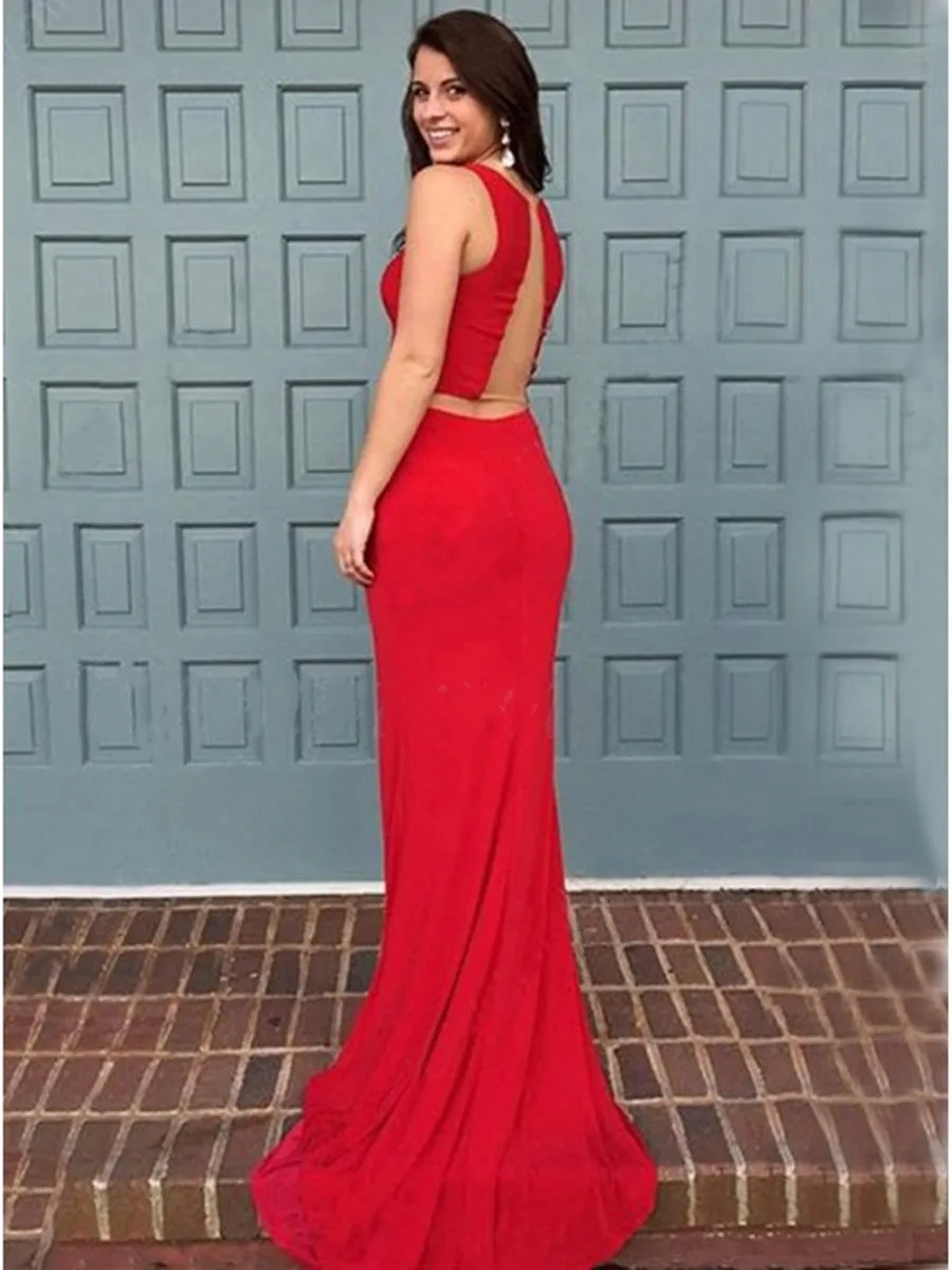 Elegant Mermaid Two Pieces Round Neck Red Long Prom with Ruffles Sweep Train, Mermaid Red Formal, Red Evening