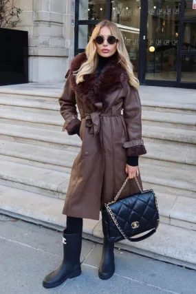 Emilia chocolate faux leather and fur long coat