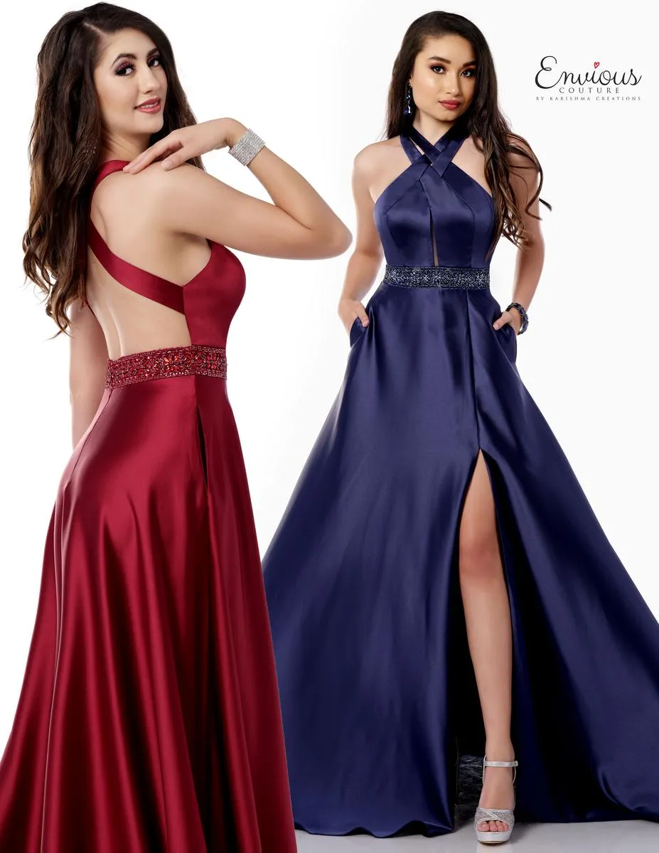 ENVIOUS Couture 1755 Navy Satin A-Line Dress w/ Pockets