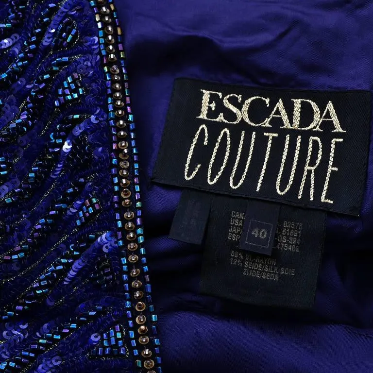 Escada Couture Purple Crushed Velvet Vintage Dress Evening Gown w/ Beading Sequins 40