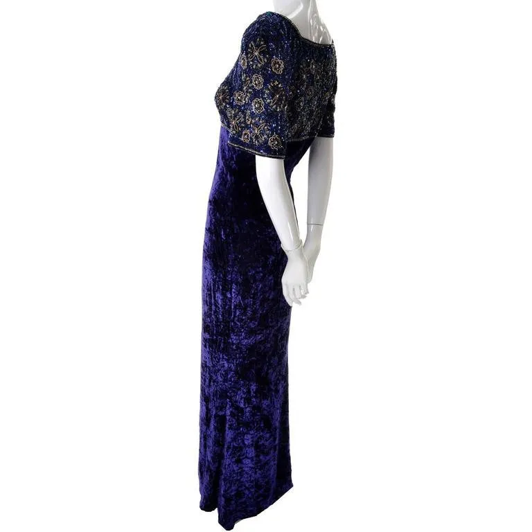 Escada Couture Purple Crushed Velvet Vintage Dress Evening Gown w/ Beading Sequins 40