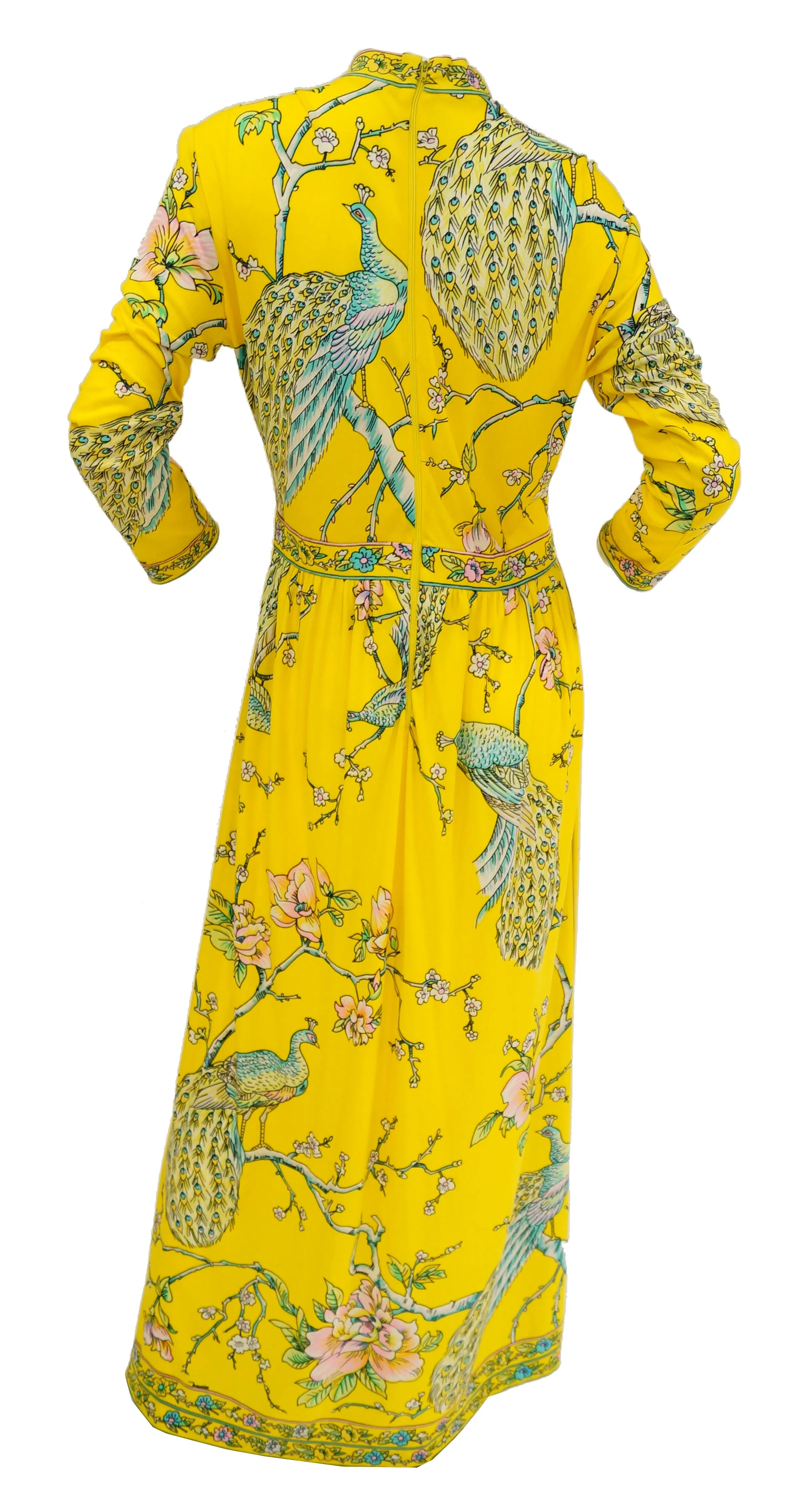 Fantastic 1960s Maurice Yellow Asian Print Jersey Dress