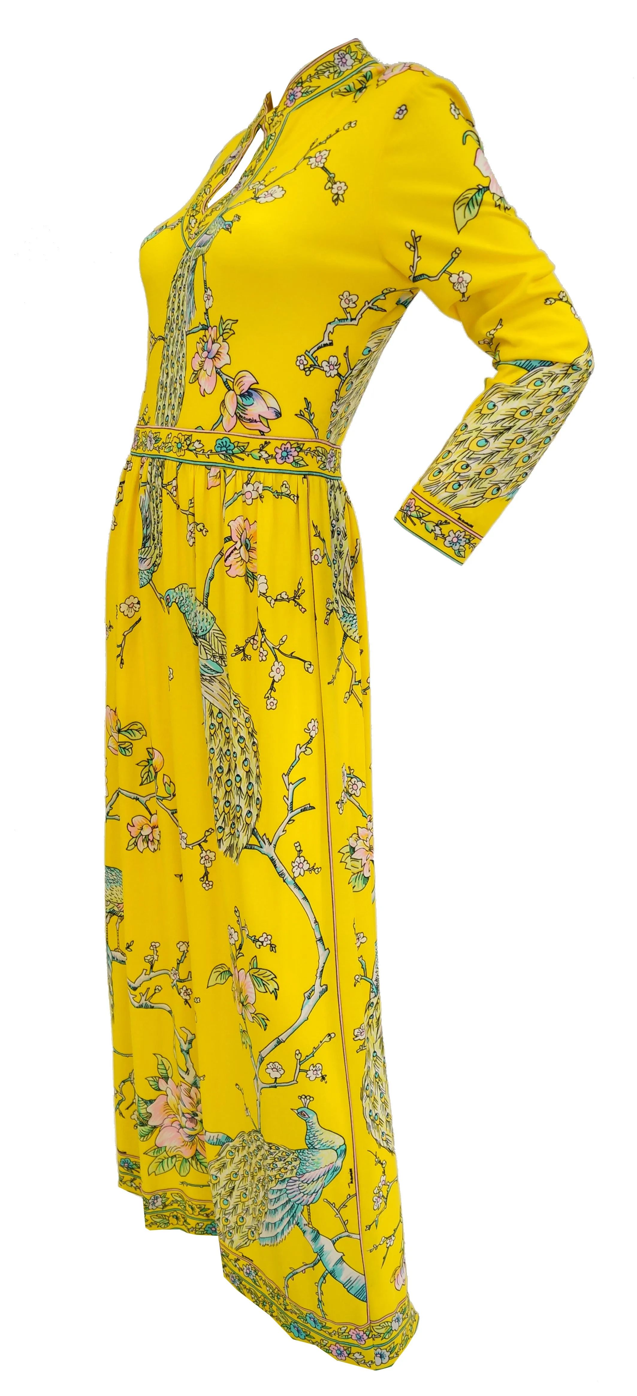 Fantastic 1960s Maurice Yellow Asian Print Jersey Dress