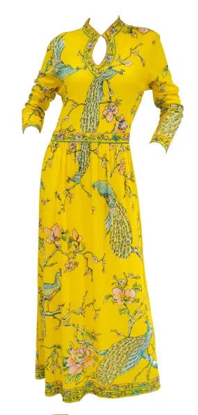 Fantastic 1960s Maurice Yellow Asian Print Jersey Dress