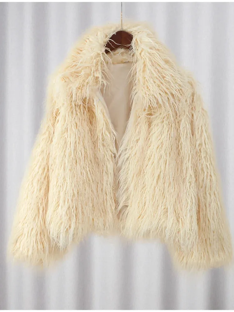 Fashionkova 2024 Winter New Fashion Solid Fluffy Fur Coat Women High Street Luxury Lapel Collar Faux Fur Jacket Female Casual Overcoats