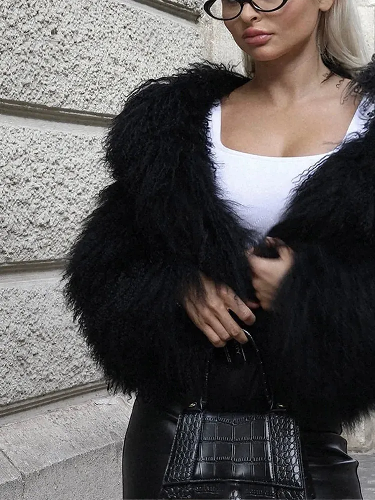 Fashionkova Christmas Gift Outfit  Soft Warm Elegant Black Full Sleeve Woman Faux Fur Coat Chic Solid Color Fluffy Loose Short Jacket Winter New High Street Wear