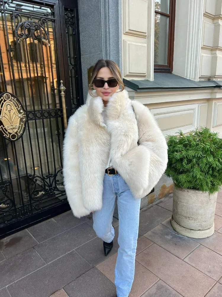 Fashionkova Solid Color Half High Collar Faux Fur Coat Chic Loose Long Sleeve Women's Jackets Female Luxury Thick Lady High Street Outerwear