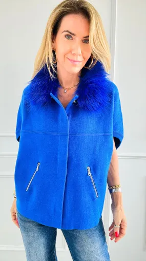 Faux Fur Collar Jacket - Blue