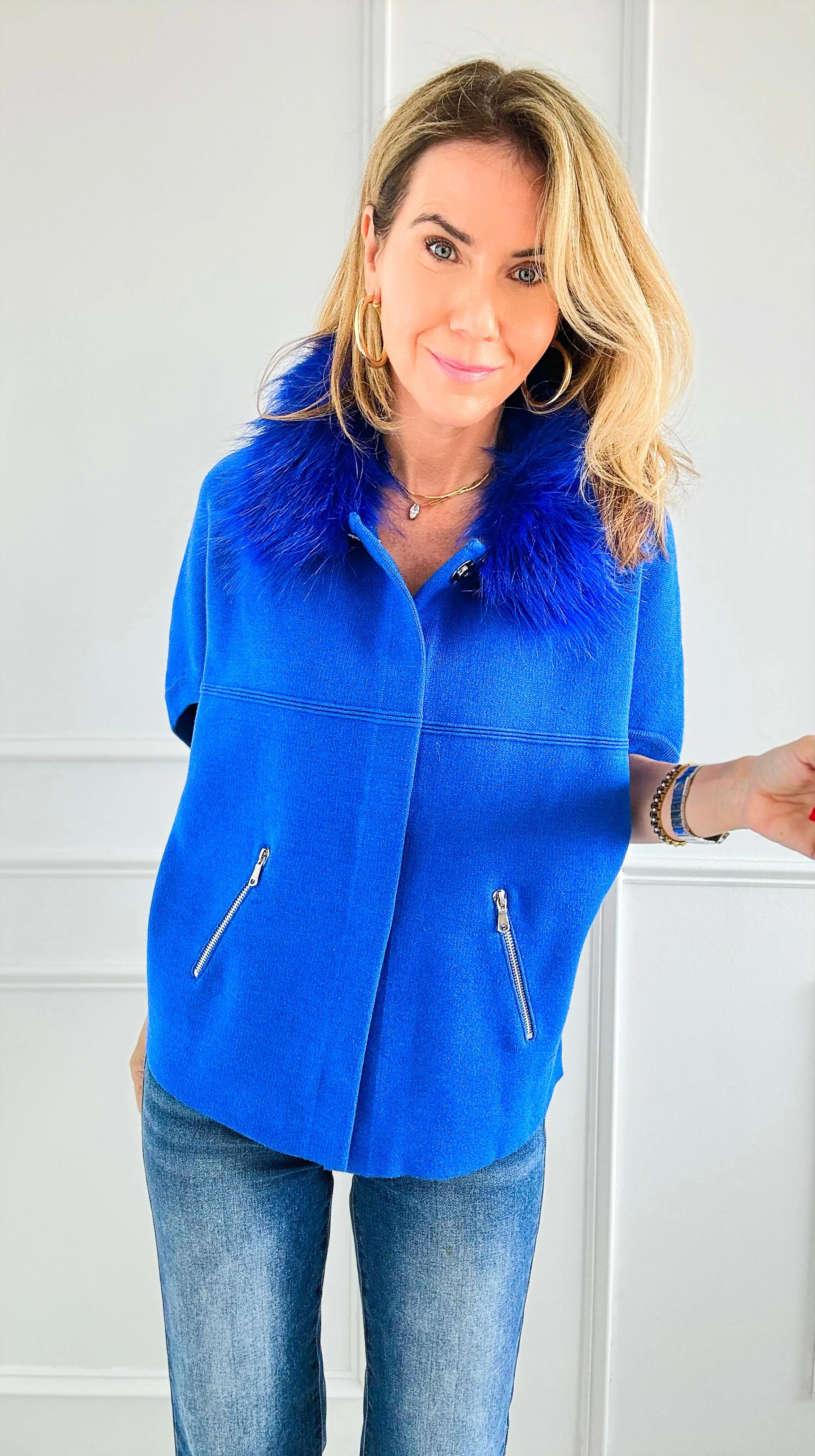 Faux Fur Collar Jacket - Blue