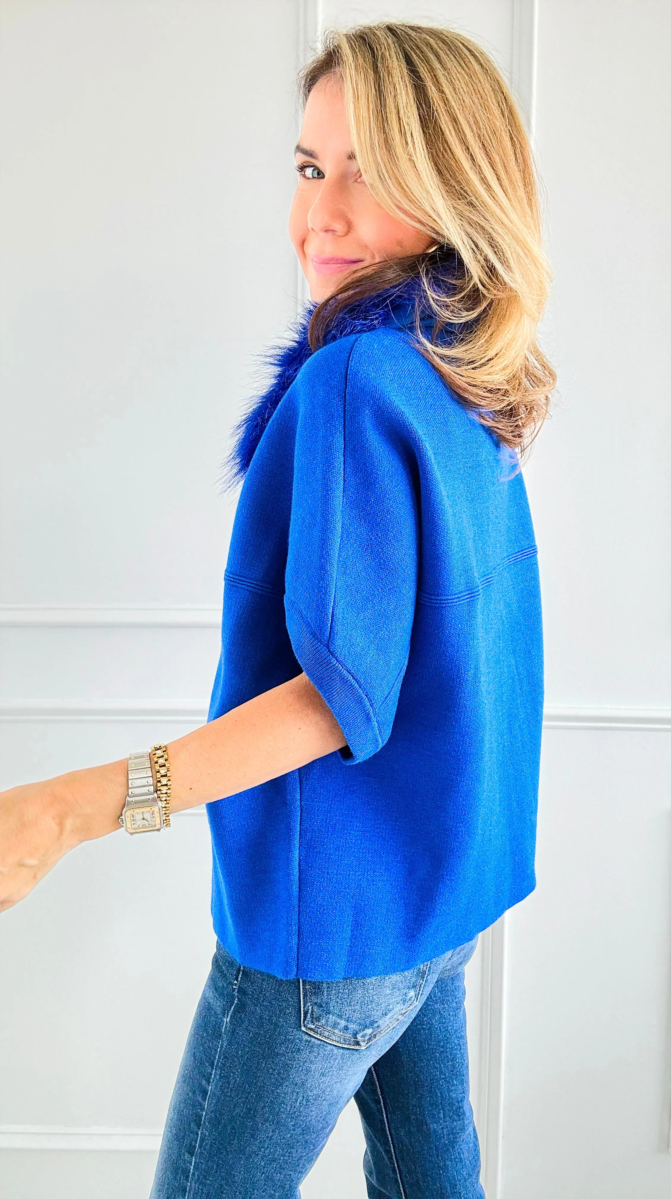 Faux Fur Collar Jacket - Blue