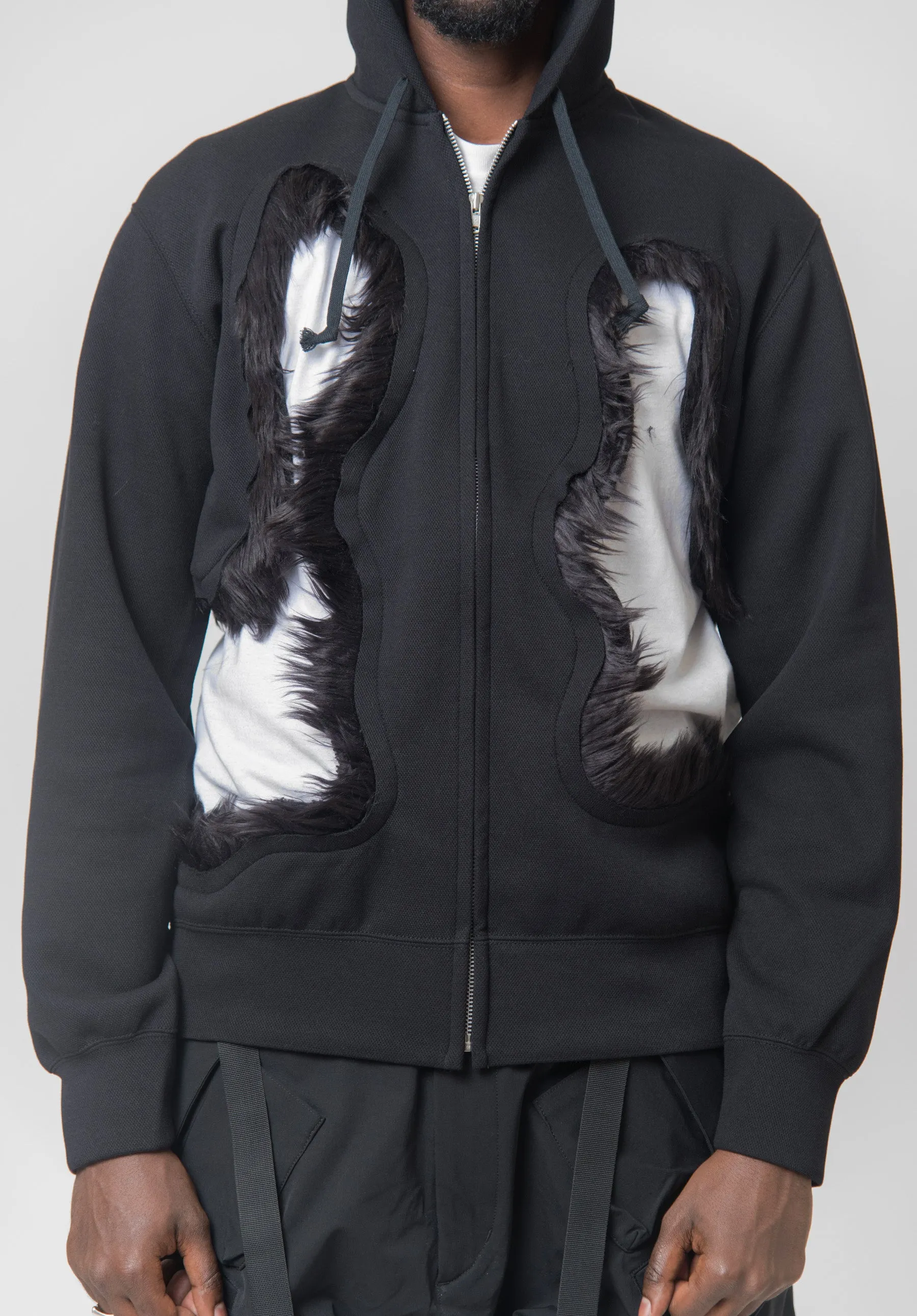 Faux Fur Cut-Out Hoodie Black PL-T017