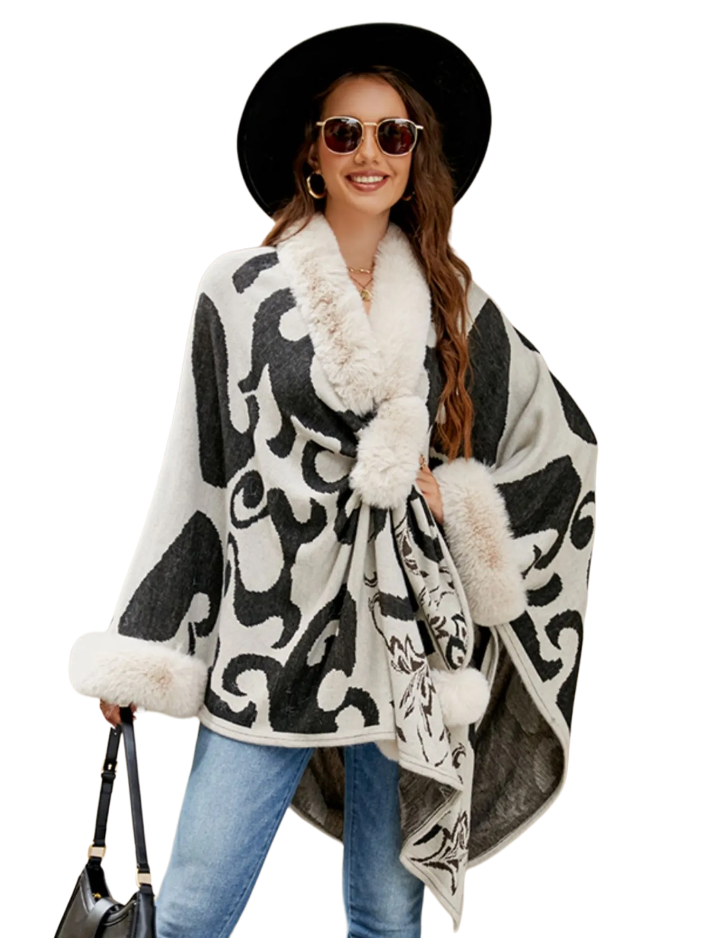 Faux Fur Trim Poncho