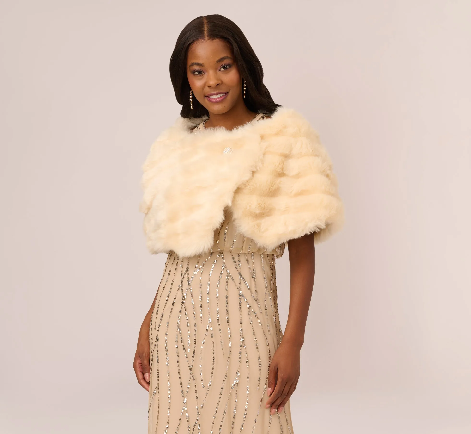 Faux Fur Wrap With Stone Broach In Champagne