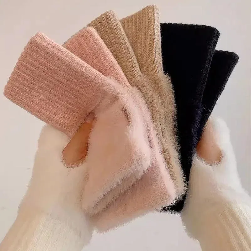 Faux Mink Fleece Winter Fingerless Gloves for Women – Cozy & Stylish