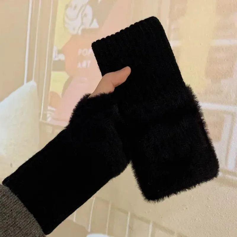 Faux Mink Fleece Winter Fingerless Gloves for Women – Cozy & Stylish